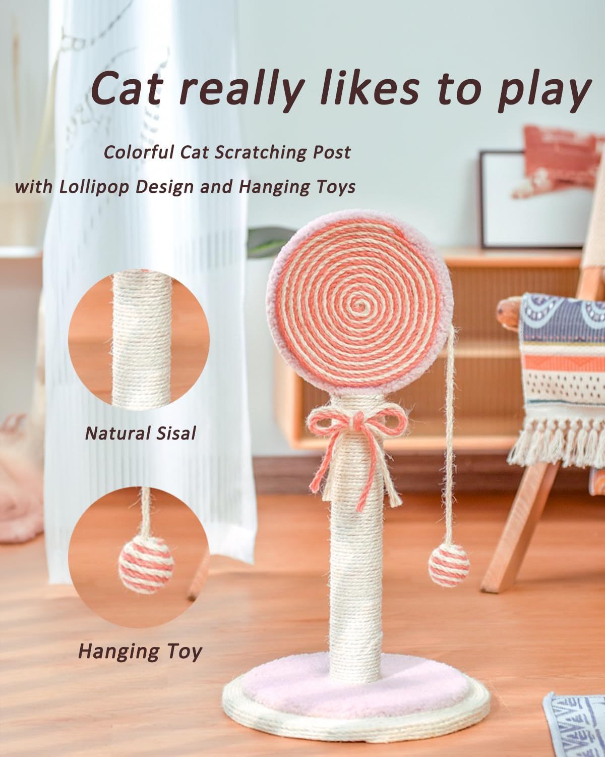 Kratzbaum mit Spielball | Stabiler Sisal-Kratzpfosten für Katzen