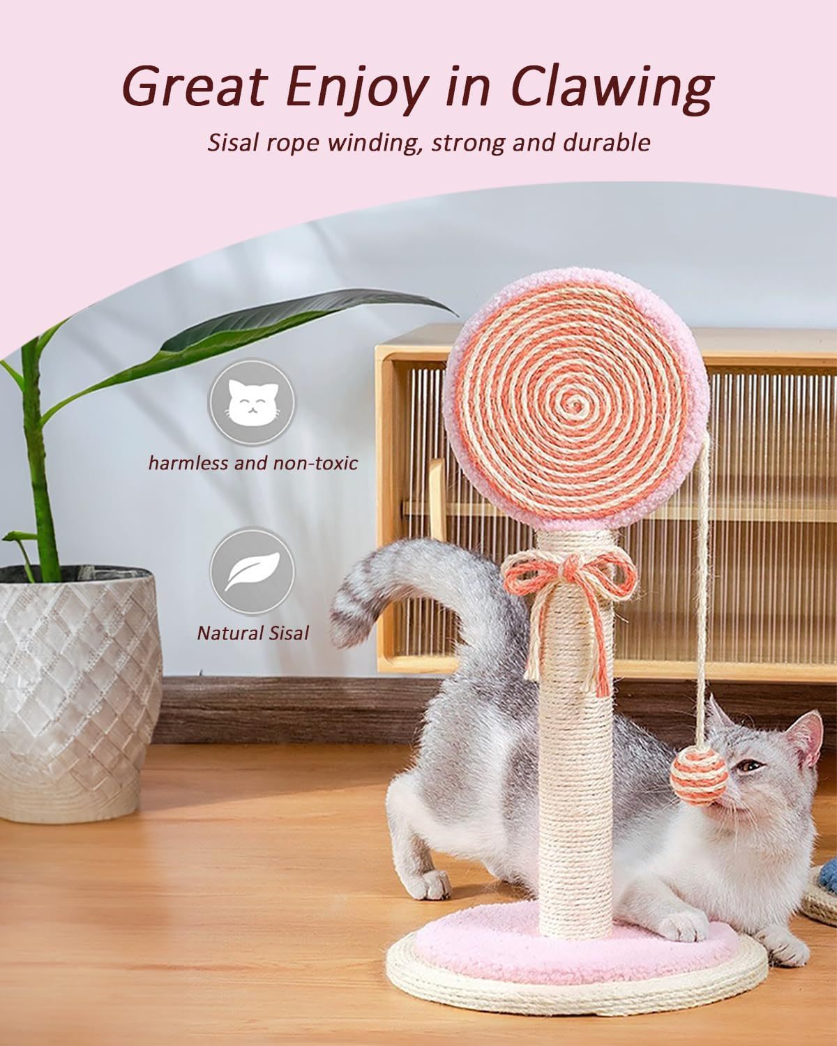 Kratzbaum mit Spielball | Stabiler Sisal-Kratzpfosten für Katzen